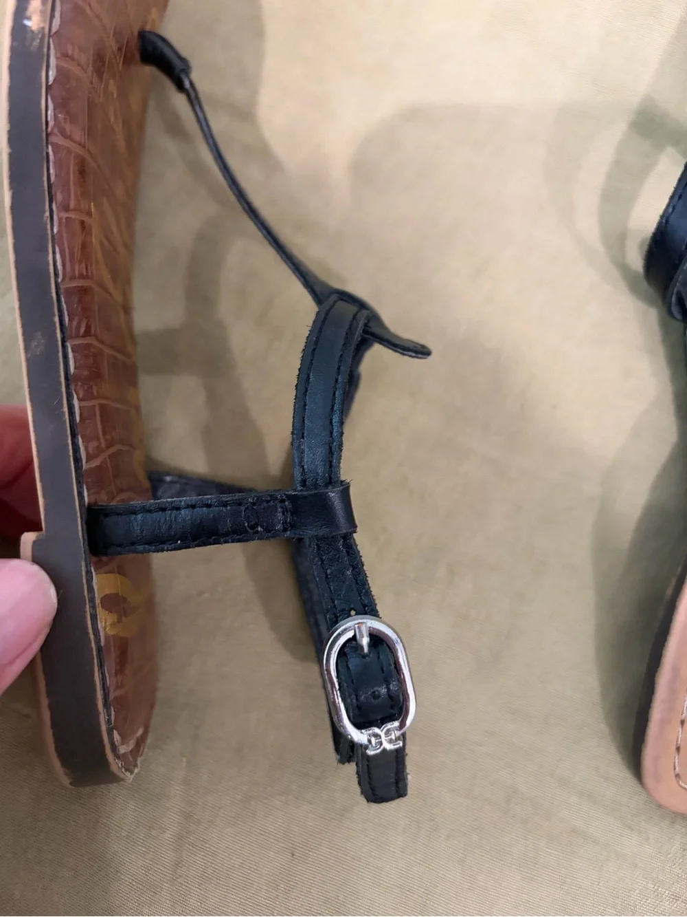 Sam Edelman Black Leather T-Strap Sandals with Brown Footbed